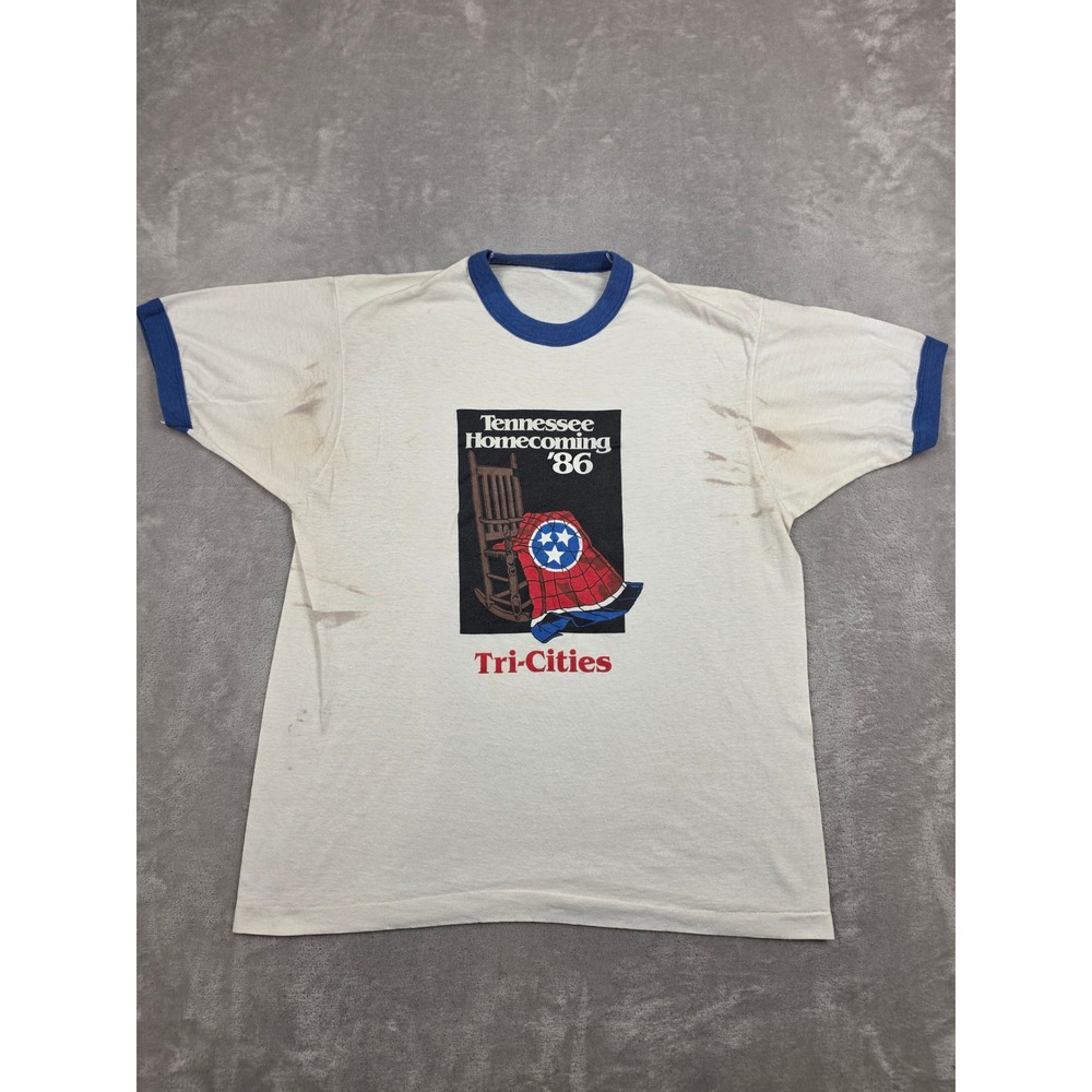 Vintage T-Shirt Mens M White Tennessee Homecoming 1986 Tri-Cities Ringer Graphic